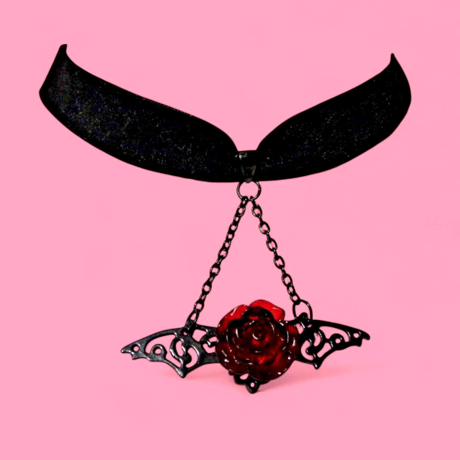 BLACK VELVET BAT WING & ROSE filigree Halloween gothic vampire necklace EGL 4E