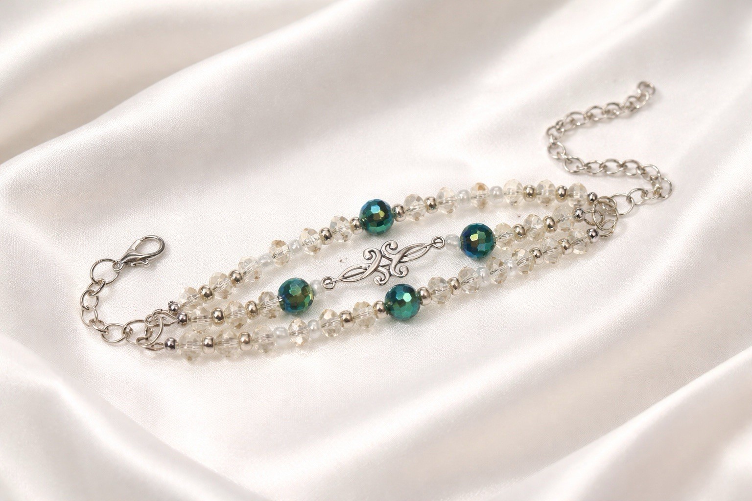 Reimagined Glass & AB Crystal Bead Bracelet Silver Tone Adjustable 6–8”