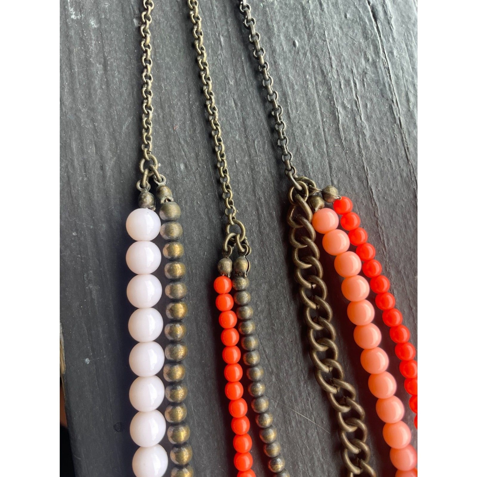 Multi Strand Beaded Necklace Coral Peach Cream Bronze Tone Statement 19″