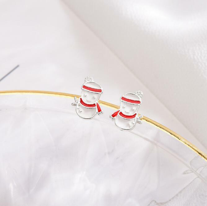 Tiny Silver Christmas White Snowman Red Pave Cubic Zirconia Stud Earring
