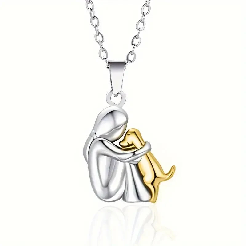 Little Girl Hugging Dog Pendant Necklace