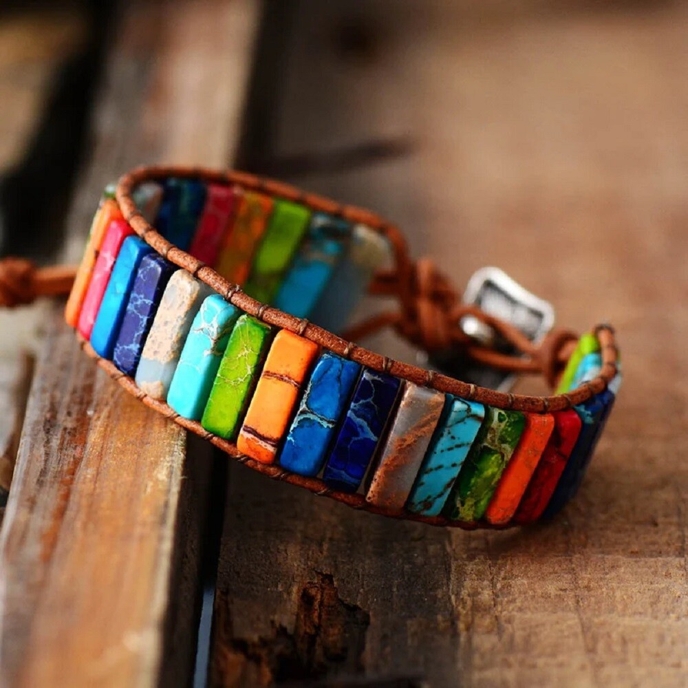 Natural Stone Cube Tube Gemstone Braided Bracelet for 7 Chakra Spiritual Healing