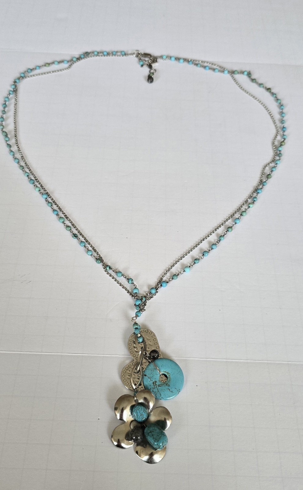 WA Heart Flower Silver Tone Charm Pendant Amulet Turquoise Long Necklace