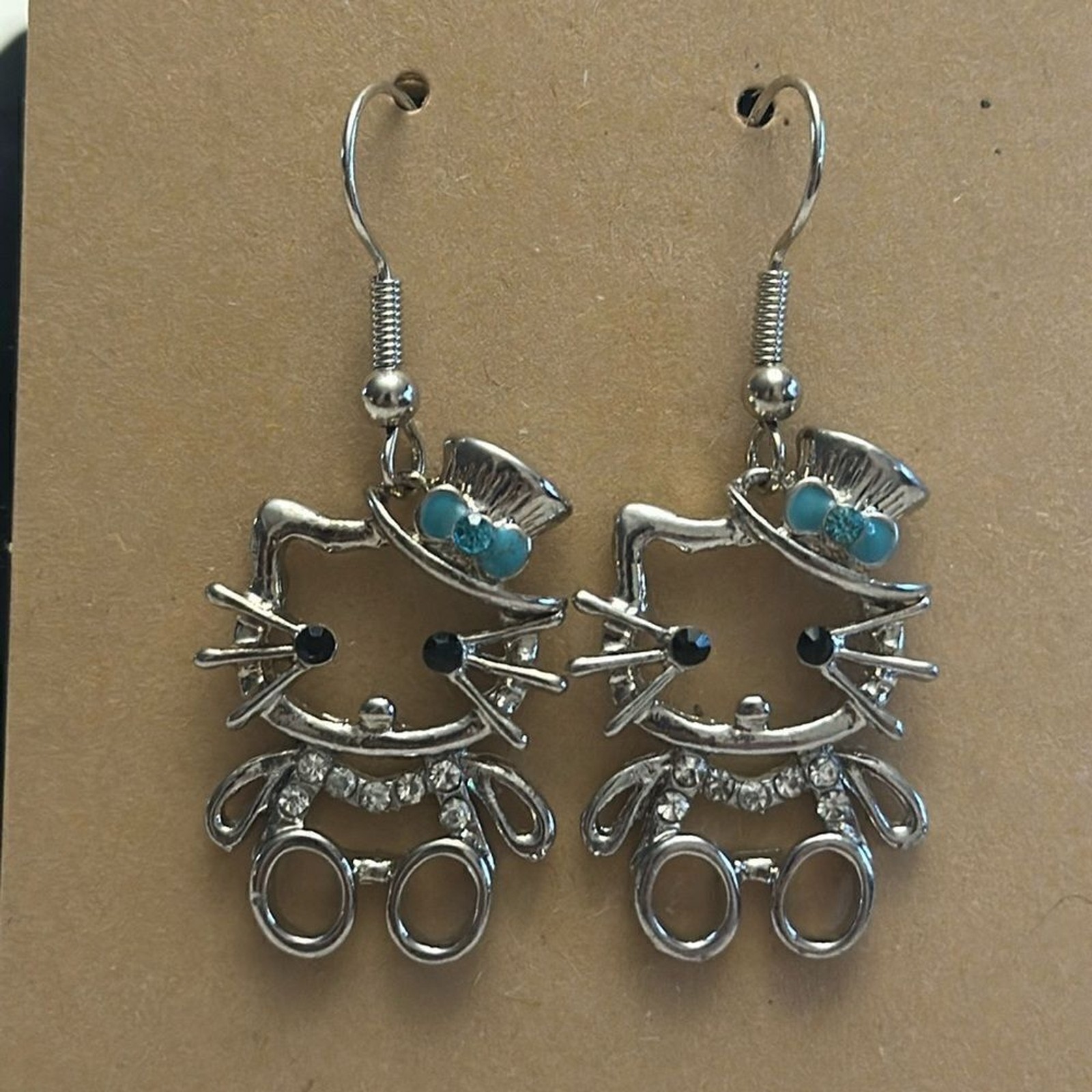 Silver Kitty Dangle Earrings with Turquoise Accent Stones