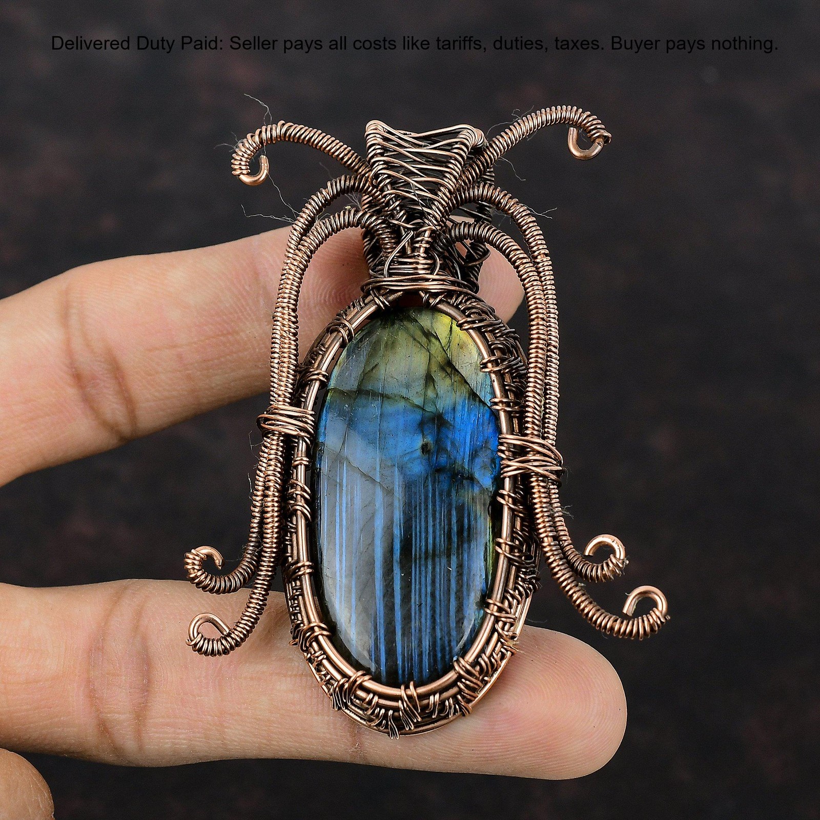 Copper Third Eye Chakra Labradorite Gemstone Unique Wire Wrapped Pendant Jewelry