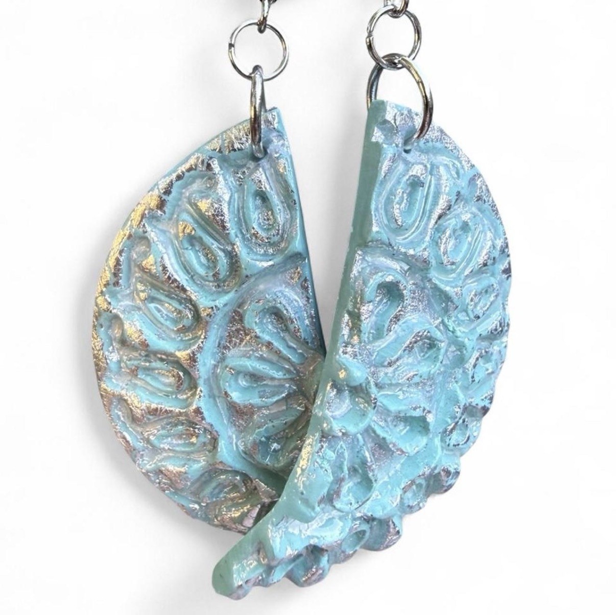 Handcrafted Blue/Silver Textured Semi-Circle Mandala Dangle Drop Hook Earrings