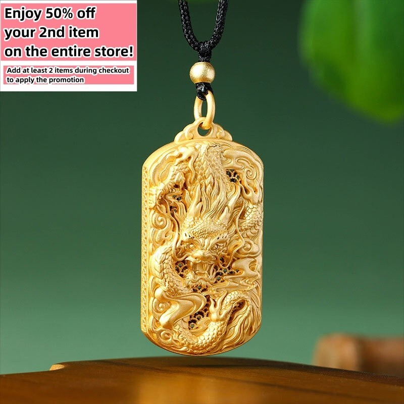 Power Dragon Carved Pendant Necklace Lucky Charm 18K Gold Plated Dainty Gemstone