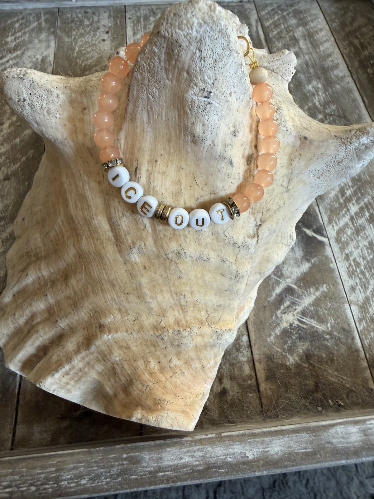 6” Peach, White & Gold Beaded Bracelet w/ Letter Beads “ICE OUT”