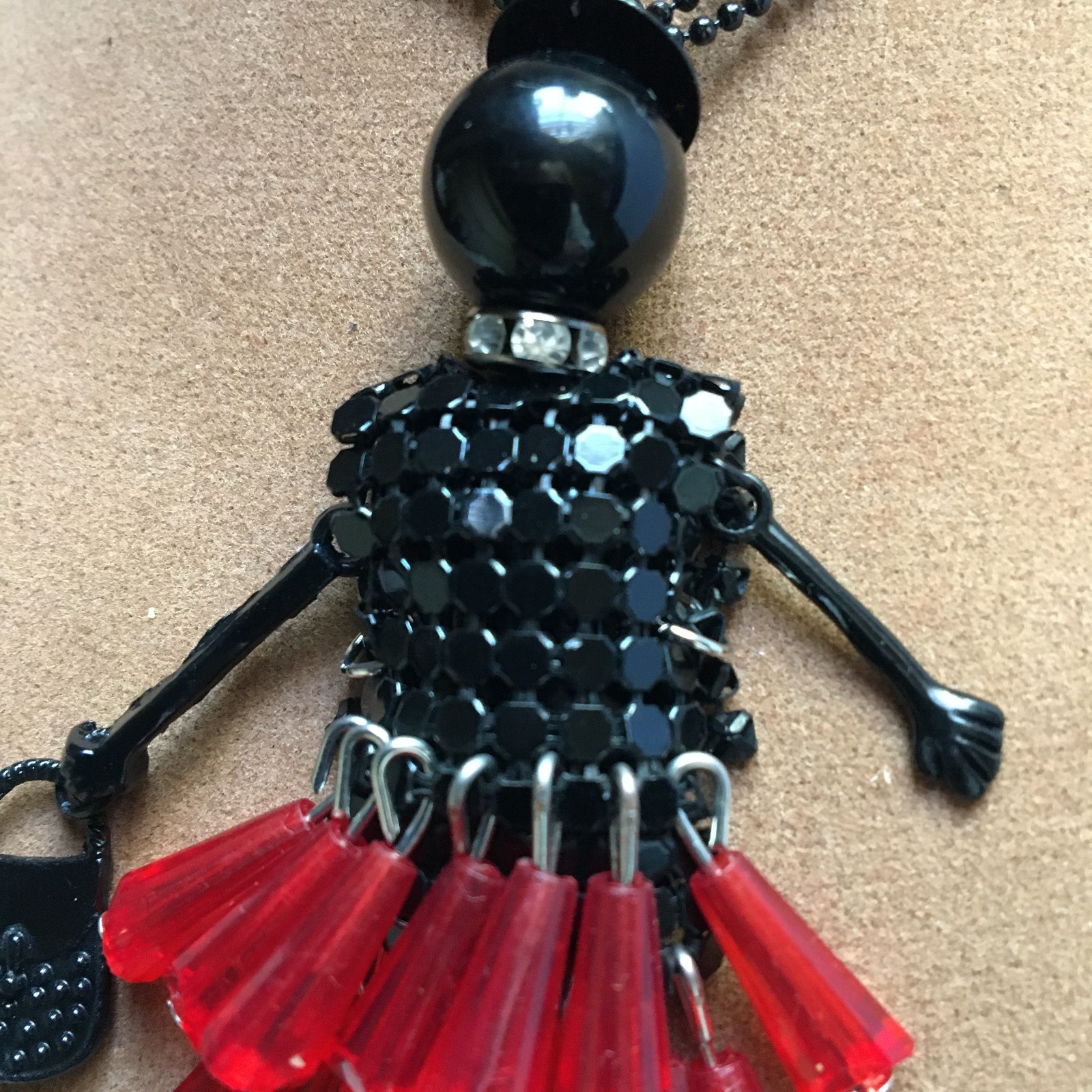 Beaded DOLL 3-1/2″ Pendant – Red & Black -w/ Moving Arms & Legs + 26″ chain