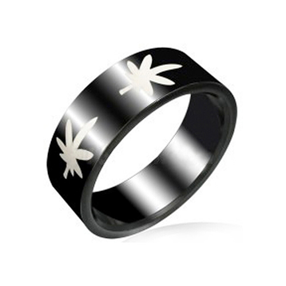 Hemp Shack – White Marijuana Symbol Pot Leaf – Black Steel Ring (420 Hemp Pride)