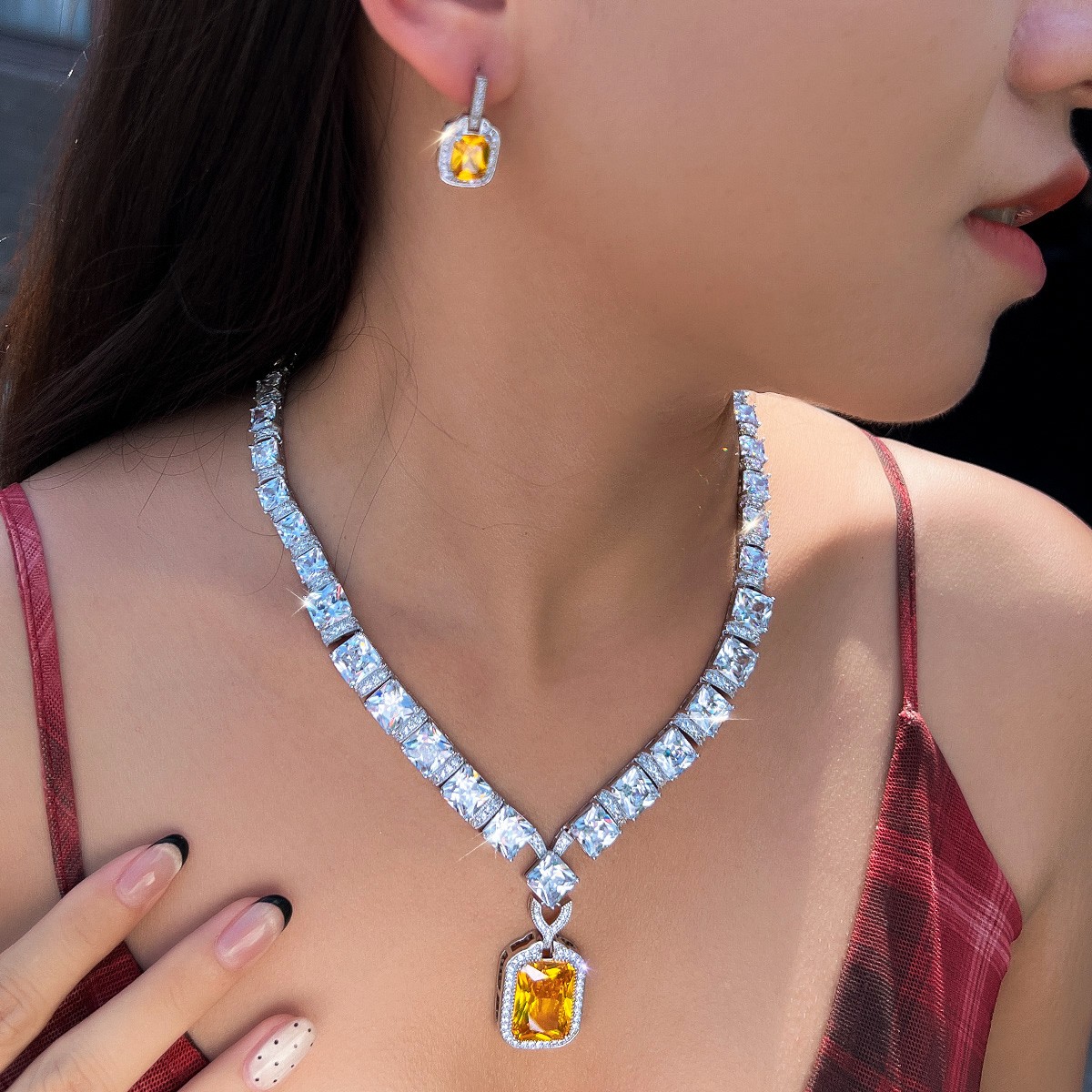 Silver Plated CZ Yellow Square Necklace Earrings Set for Women Costume Jewelry