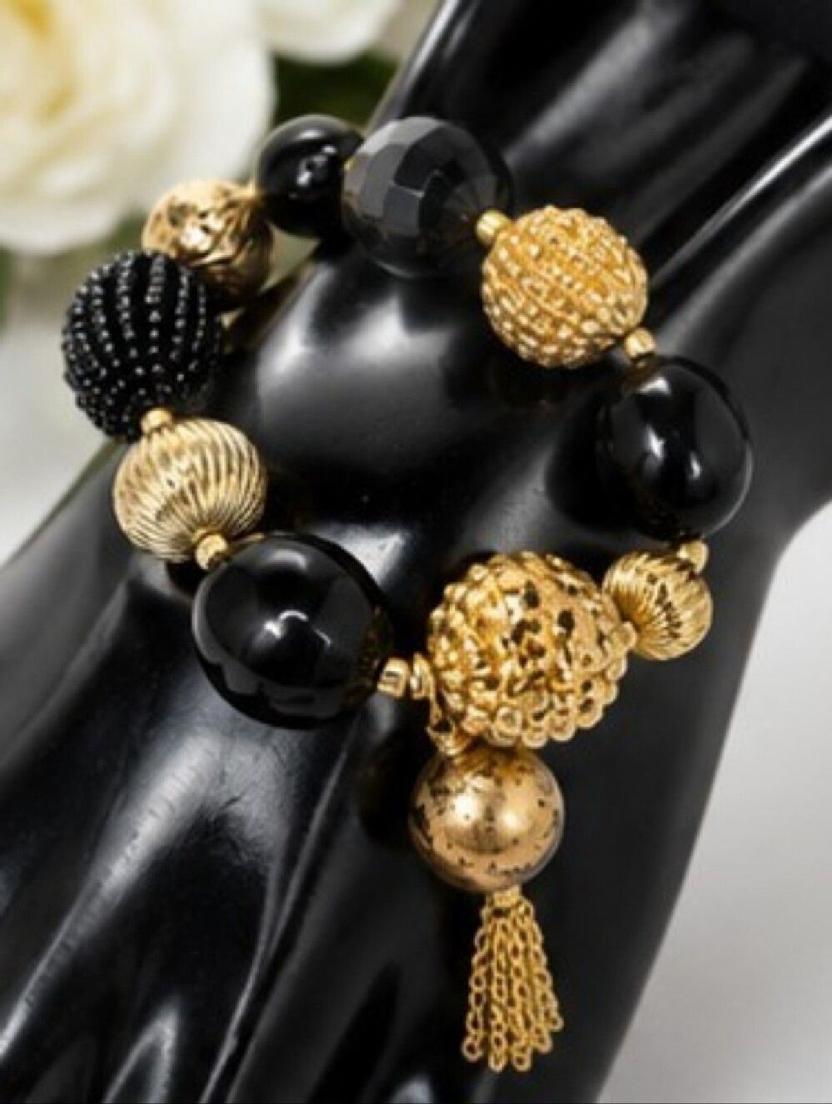 Boutique Black Gold Tone Beaded Bracelet 7″ Glass Acrylic Tassel Statement Boho