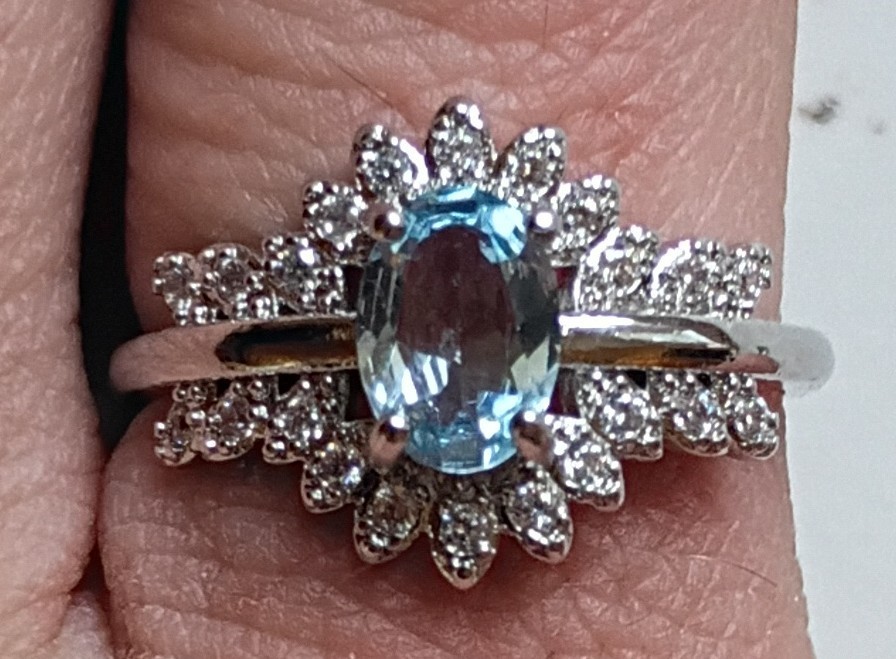 10k White Gold over s925 and inlay copper. Genuine Aquamarine