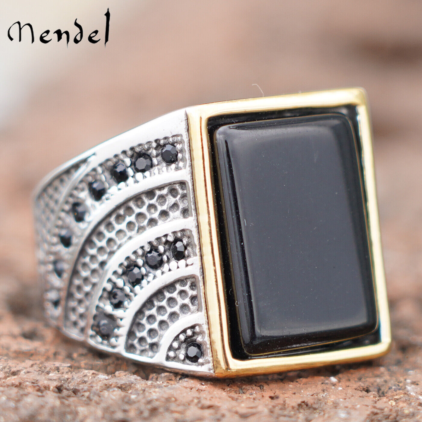 MENDEL Mens Gold Plated Black Square Onyx Stone Ring Stainless Steel Size 7-15