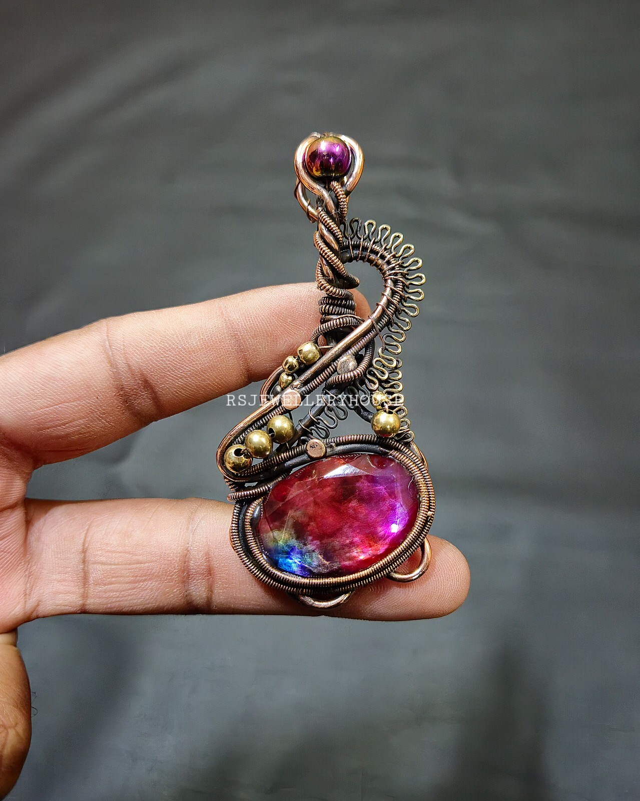 Ammolite Pendant Copper Wire Wrapped Pendant Ammolite Gemstone Pendant Jewelry