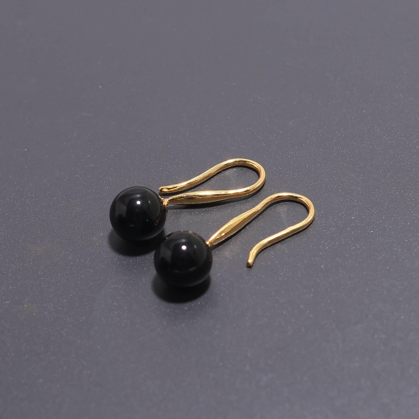 Natural Black Onyx Ball Dangle Earrings Gold Plated 925 Sterling Silver Jewelry