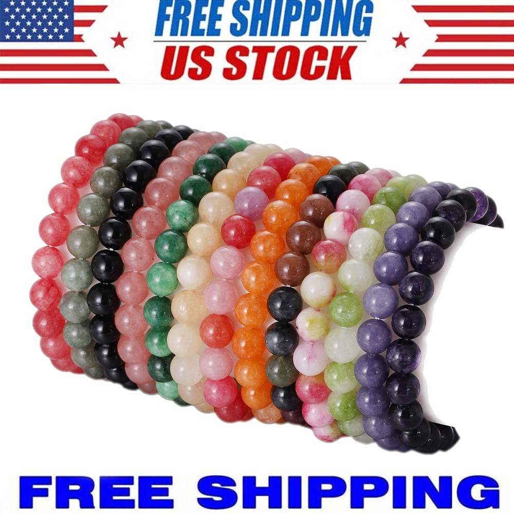 10PCS Gemstone Bracelet Crystal 8mm Round Stone Beaded Bracelets for Women Men