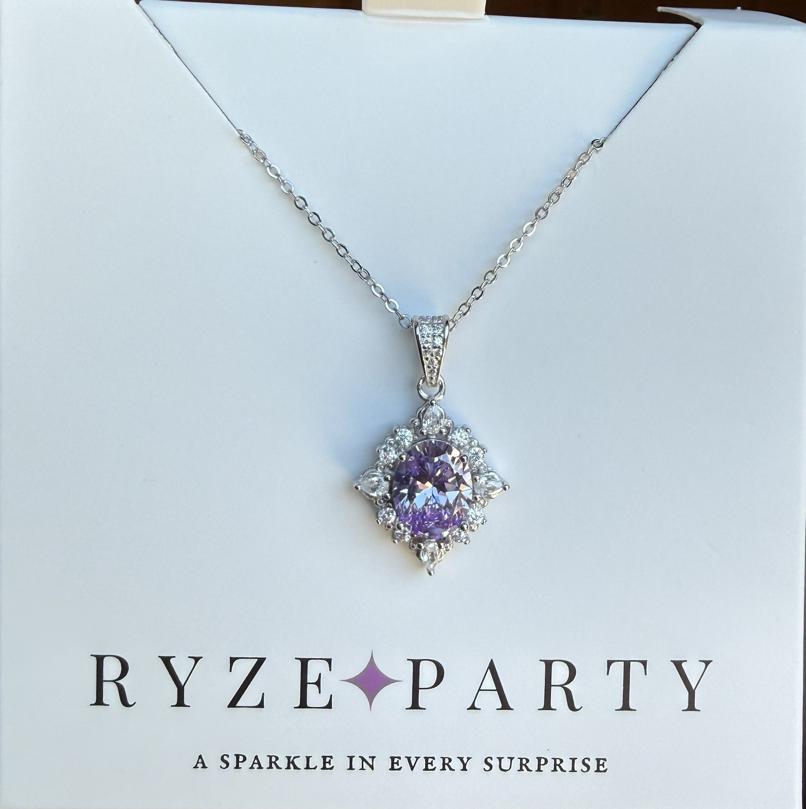 Ryze Party Sterling Silver Lavender Halo Necklace | CZ Pendant | 18” Chain