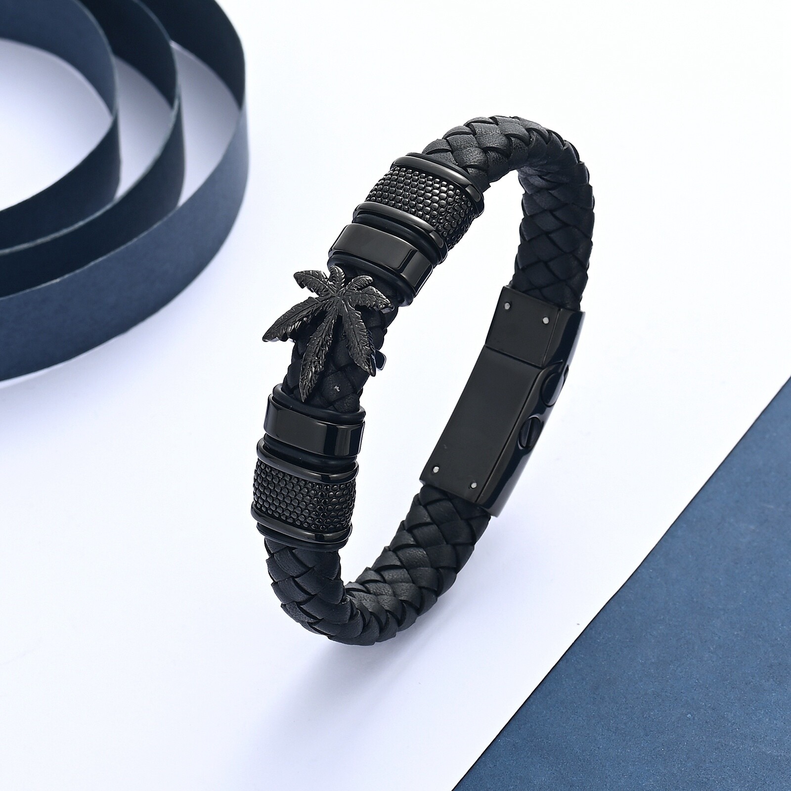 Marijuana Leaf Locket Braided Leather Funeral Urns Bracelet for Cremation Ashes