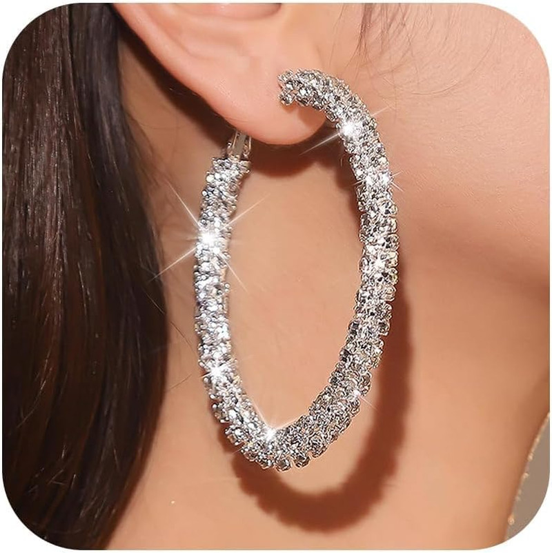 Rhinestone Hoop Earrings for Women Sparkly Bling Large Hoops Statement Jewelry A
