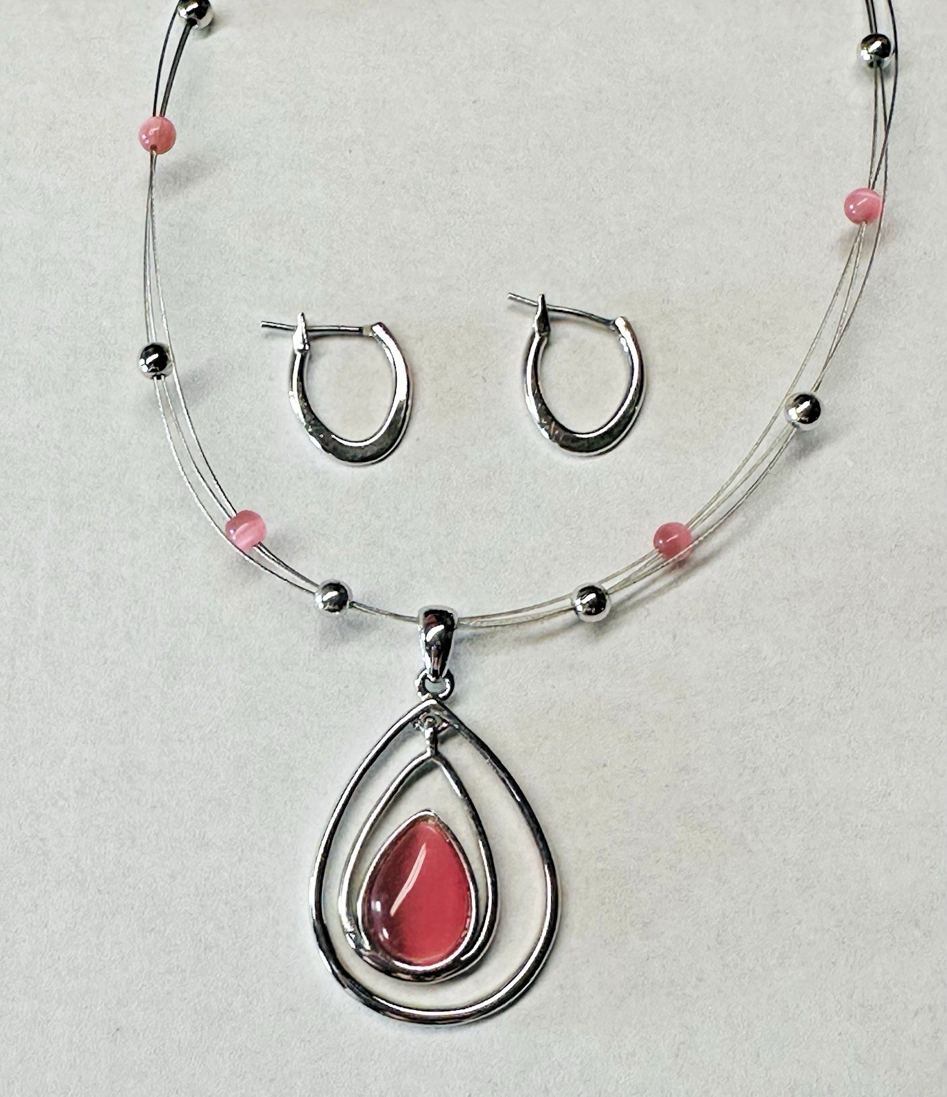 Lia Sophia Pink Cat Eye Pendant Necklace & Hoop Earrings Silver Tone Set