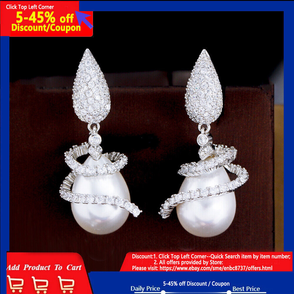 Silver Plated White Symmetrical Rotating CZ Drop Dangle Pearl Earrings for Women