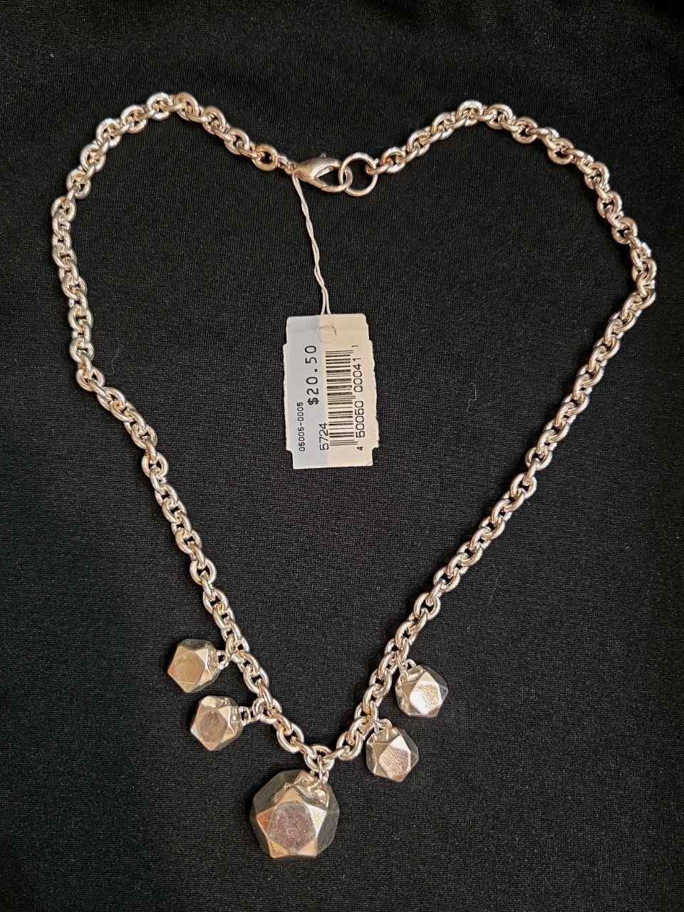 20″ Heavy Silver Tone Necklace W/5 Sided Pentagon Geometric Statement Charms