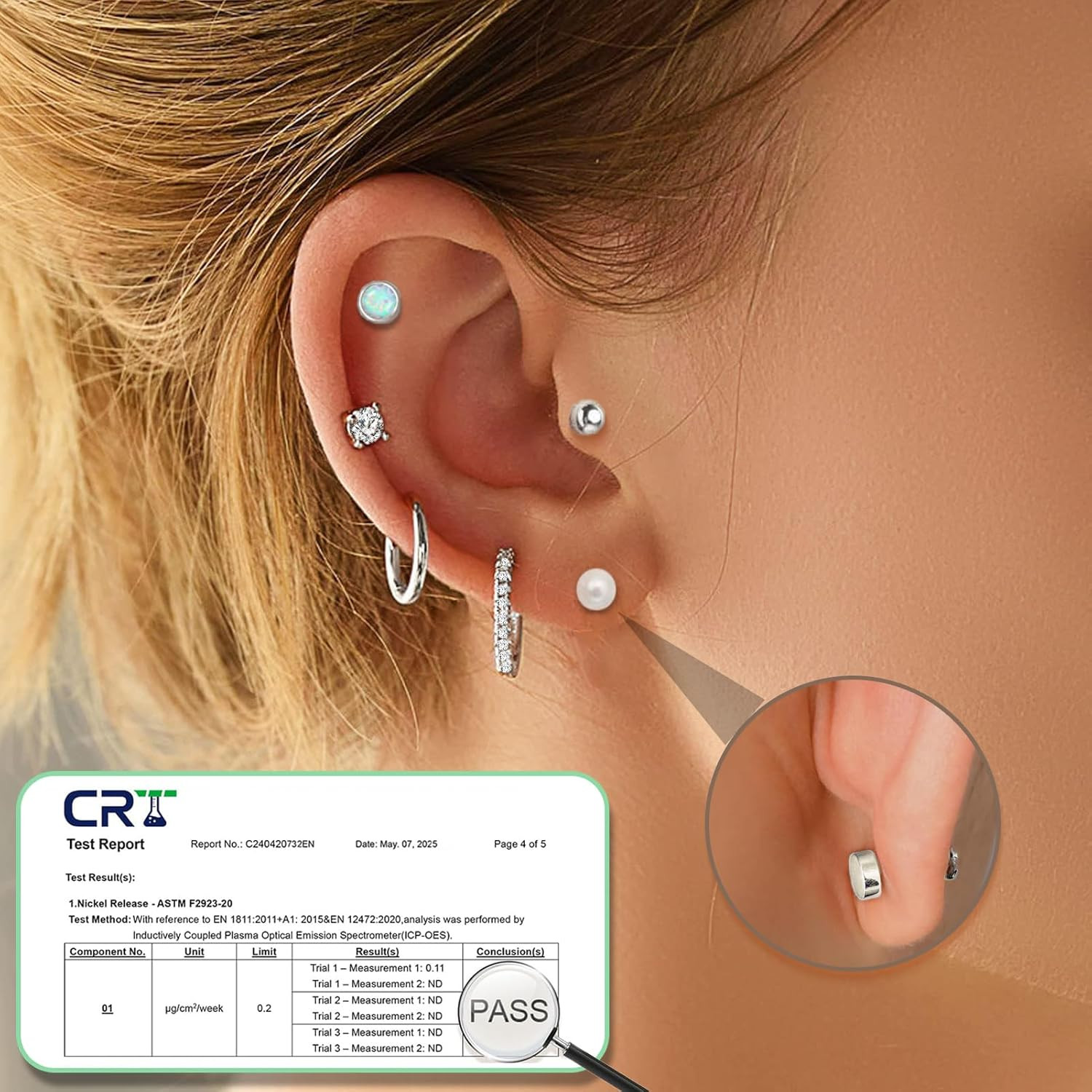 Surgical Steel Flat Back Earrings Set for Multiple Piercing Sensitive Ears,Sterl