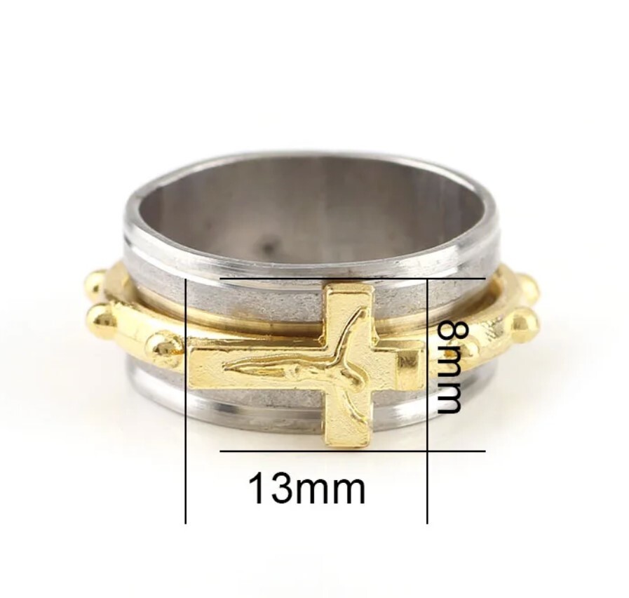 10mm STAINLESS STEEL silver and gold Crucifix Cross Ring with rotating decade