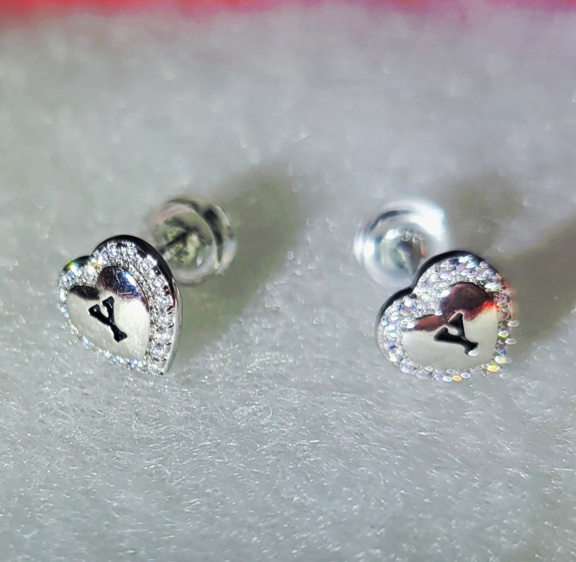 925 Silver Tone Heart Stud Earrings Pavé Clear Simulated Rhinestones Butterfly