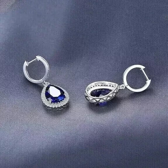 Clip On Drop Earrings Pear Cut Simulated Blue Sapphire In 14k White Gold Plated