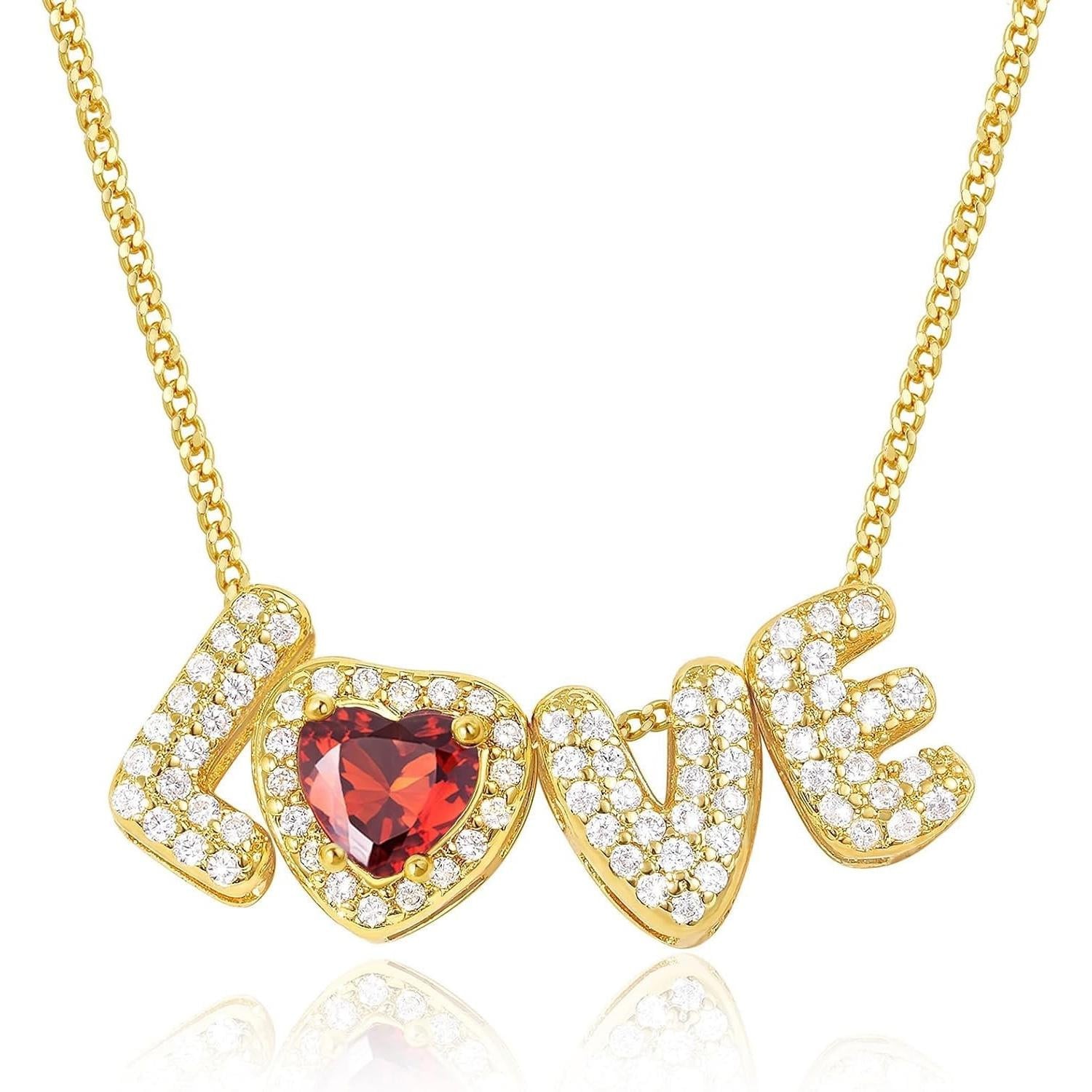 LOVE Necklace for Women,14K Gold Plated Love Heart Personalized Birthstone Neckl