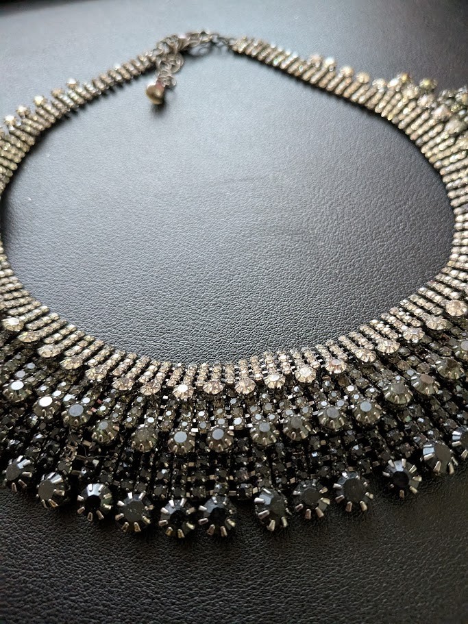 Vtg Style Black Rhinestone Choker Necklace Statement Prom Costume 14″ Adj