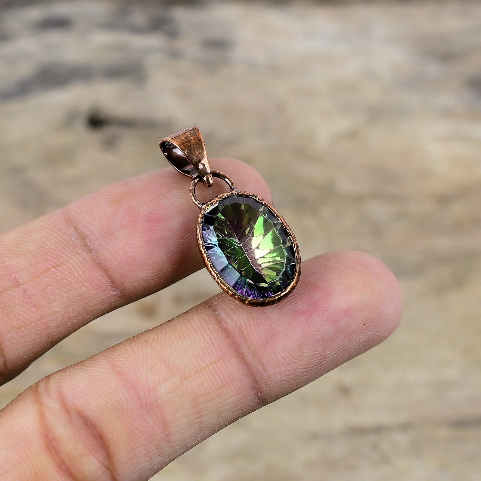 Copper Rainbow Mystic Topaz Gemstone Bezel Wedding Electroformed Pendant Jewelry