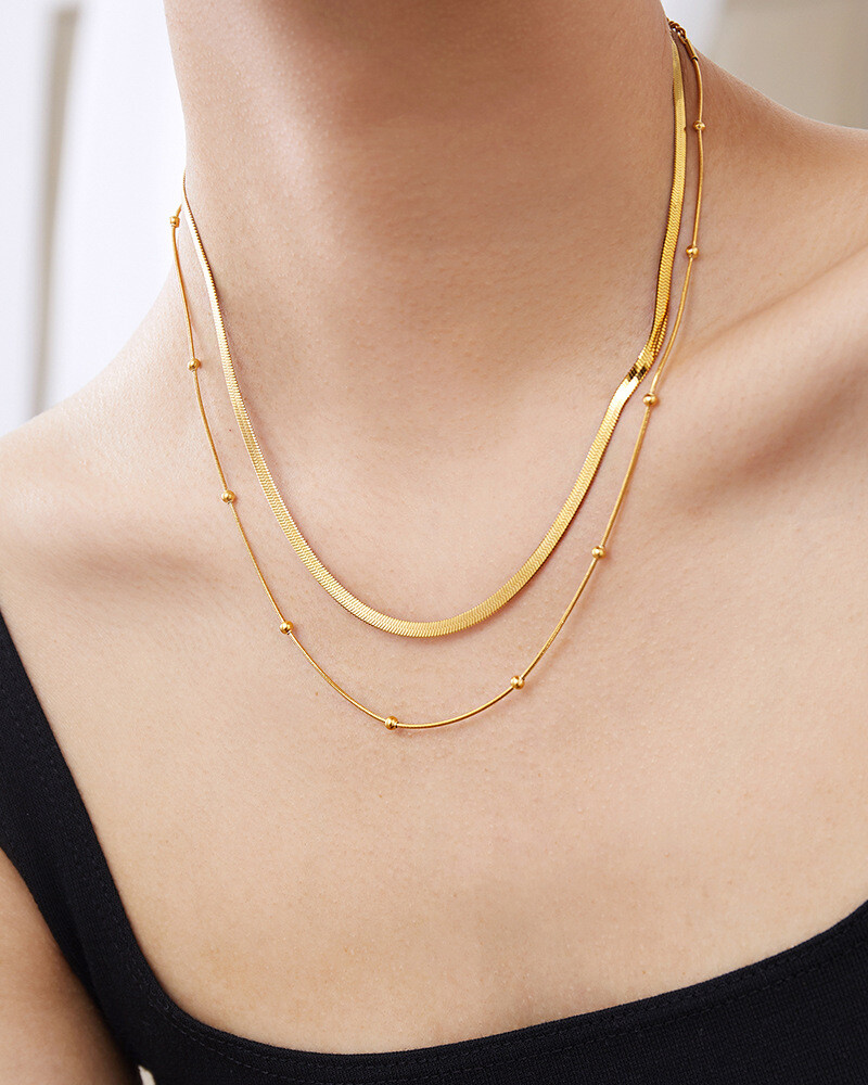 Woman 18K Gold Plated Stainless Steel 2 Layers Beaded Snake Chains Necklaces