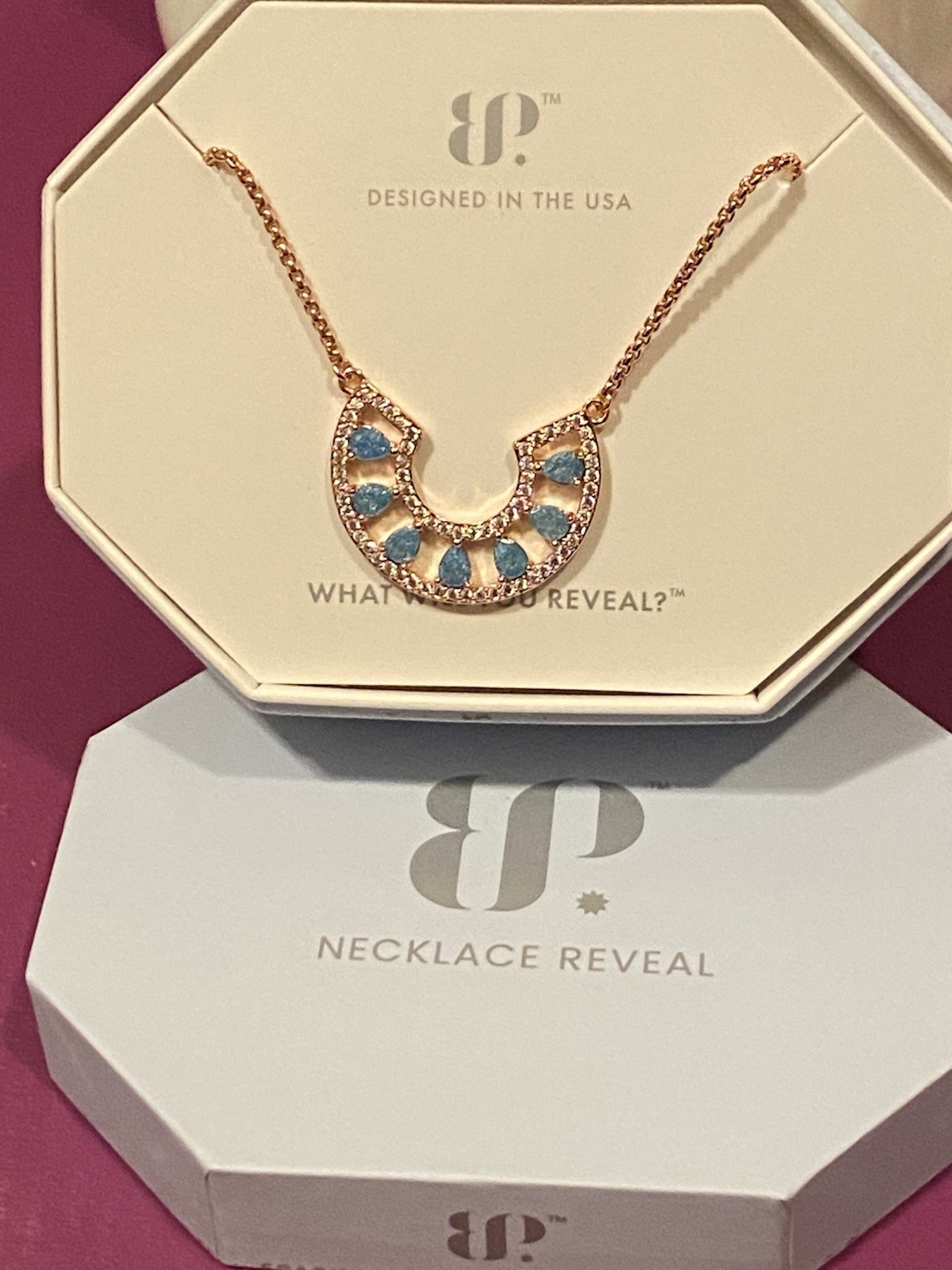 Bomb party OG Necklace, Ahead Of The Curve, LC Aqua Blue Ice Crystal, Rose Gold