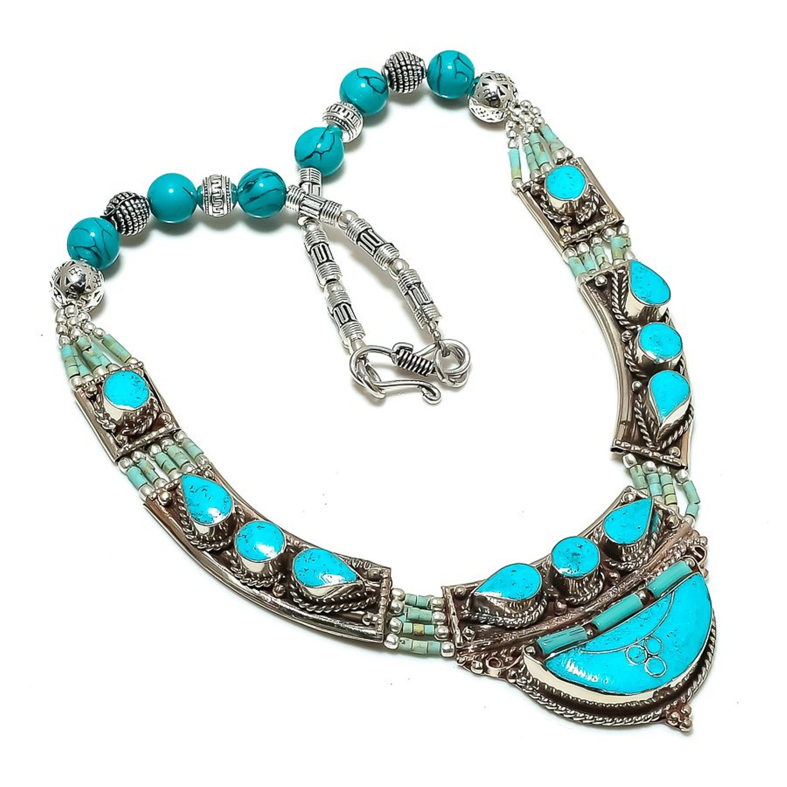 Turquoise Bohemian Necklace Handmade Bahamas Tibetan Nepali Jewelry 18″ NN 7128