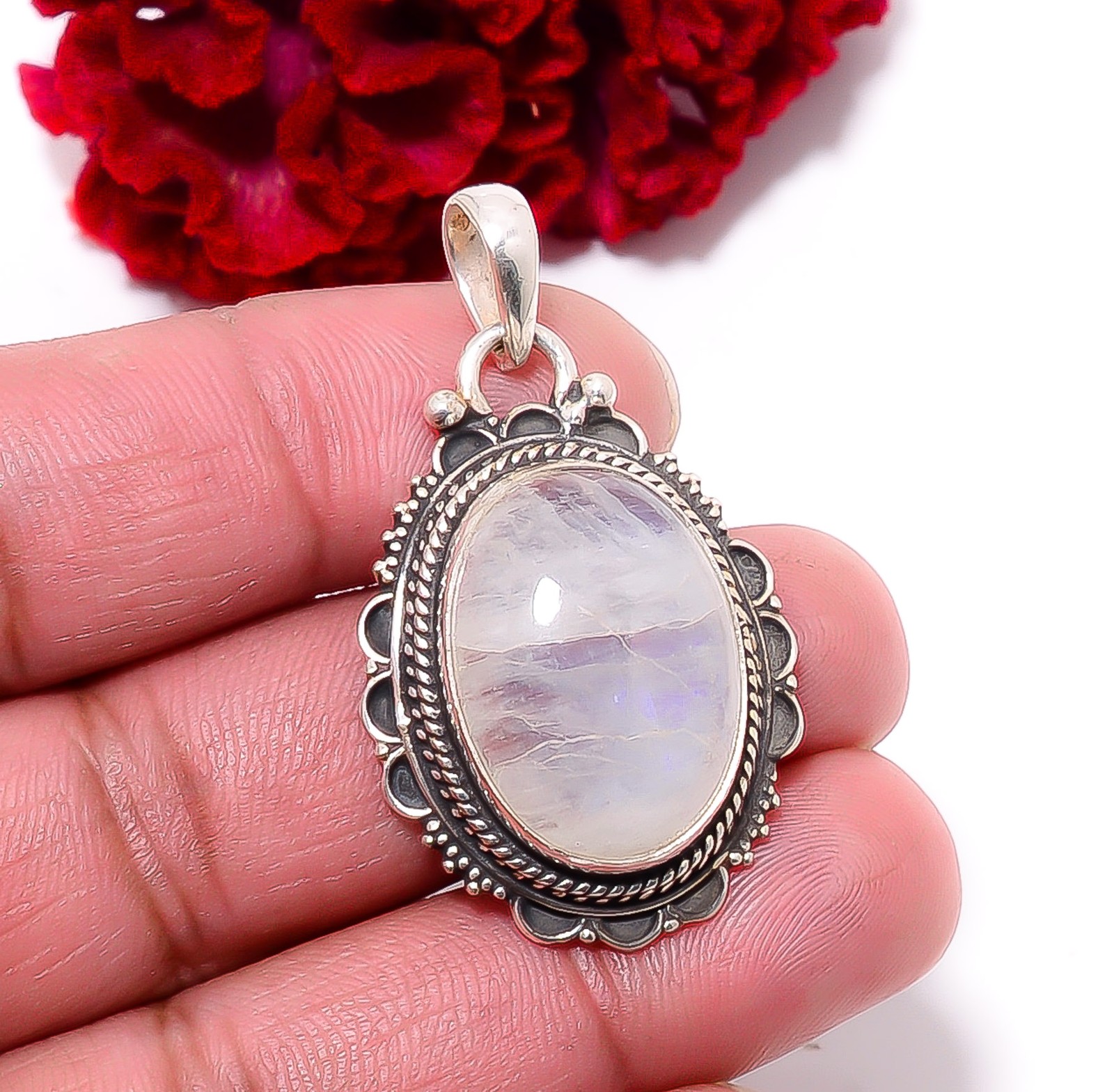 Rainbow Moonstone – India Gemstone 925 Sterling Silver Pendant 1.76″ P96233