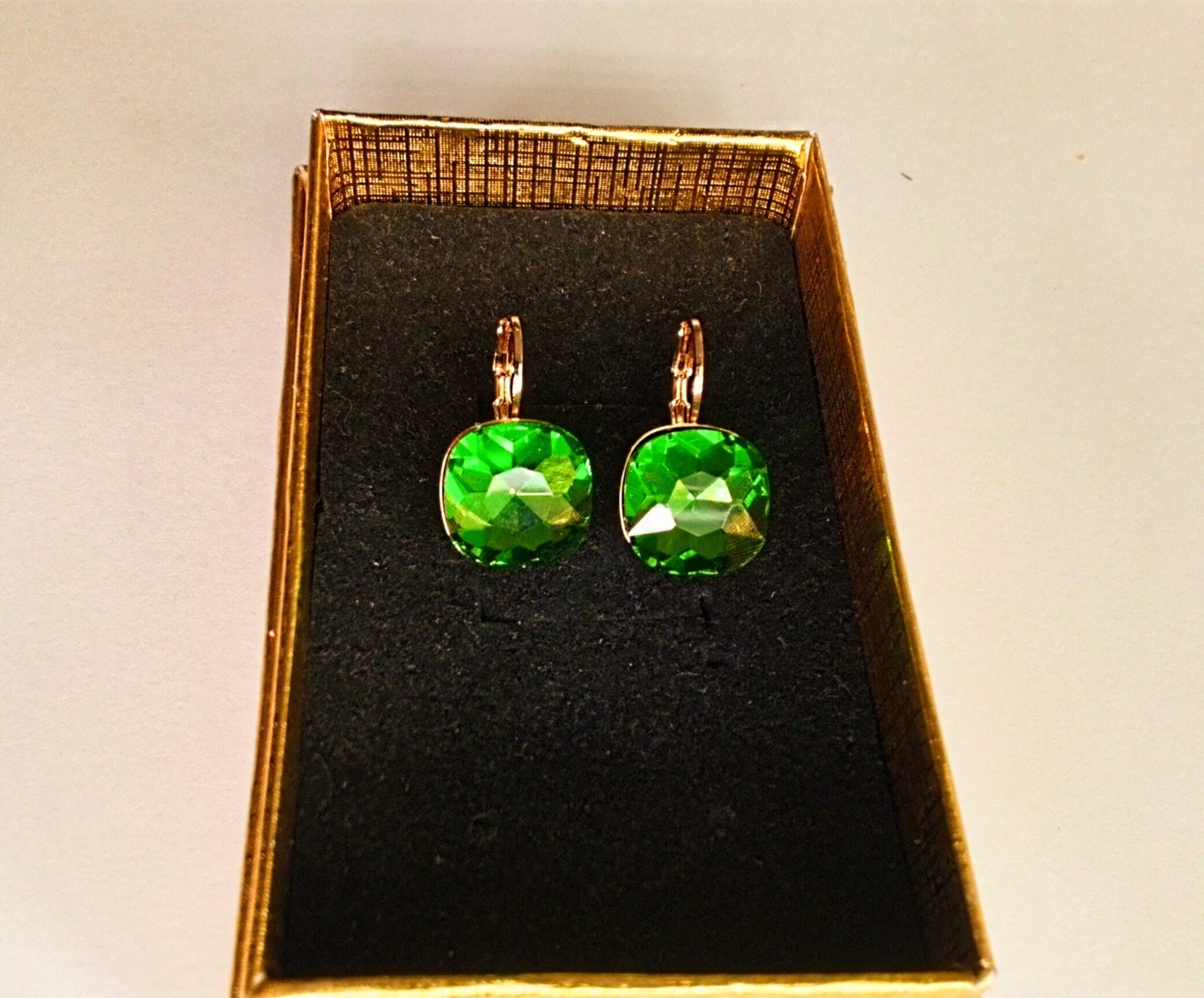 Crystal Peridot Cushion Earrings, Leverbacks