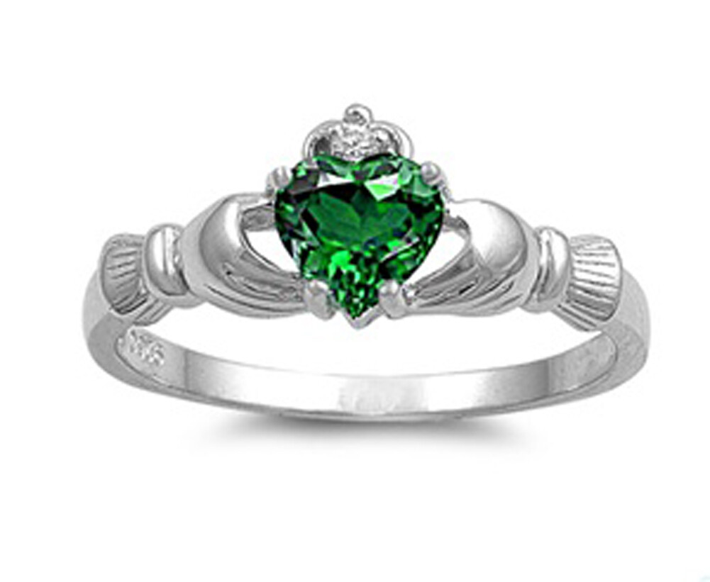 Sterling Silver Woman’s Green CZ Claddagh Ring Irish 925 Band 9mm Sizes 3-13
