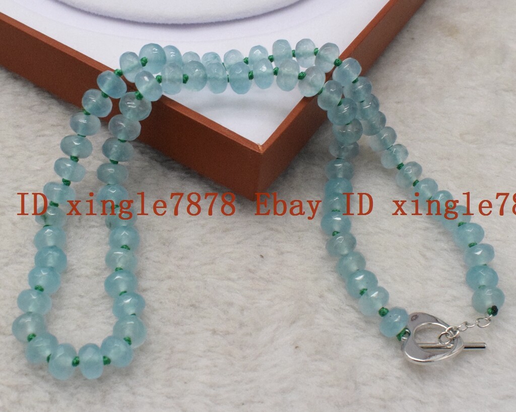 Pretty 5x8mm Faceted Blue Aquamarine Rondelle Gemstone Beads Necklace 20” AAA+