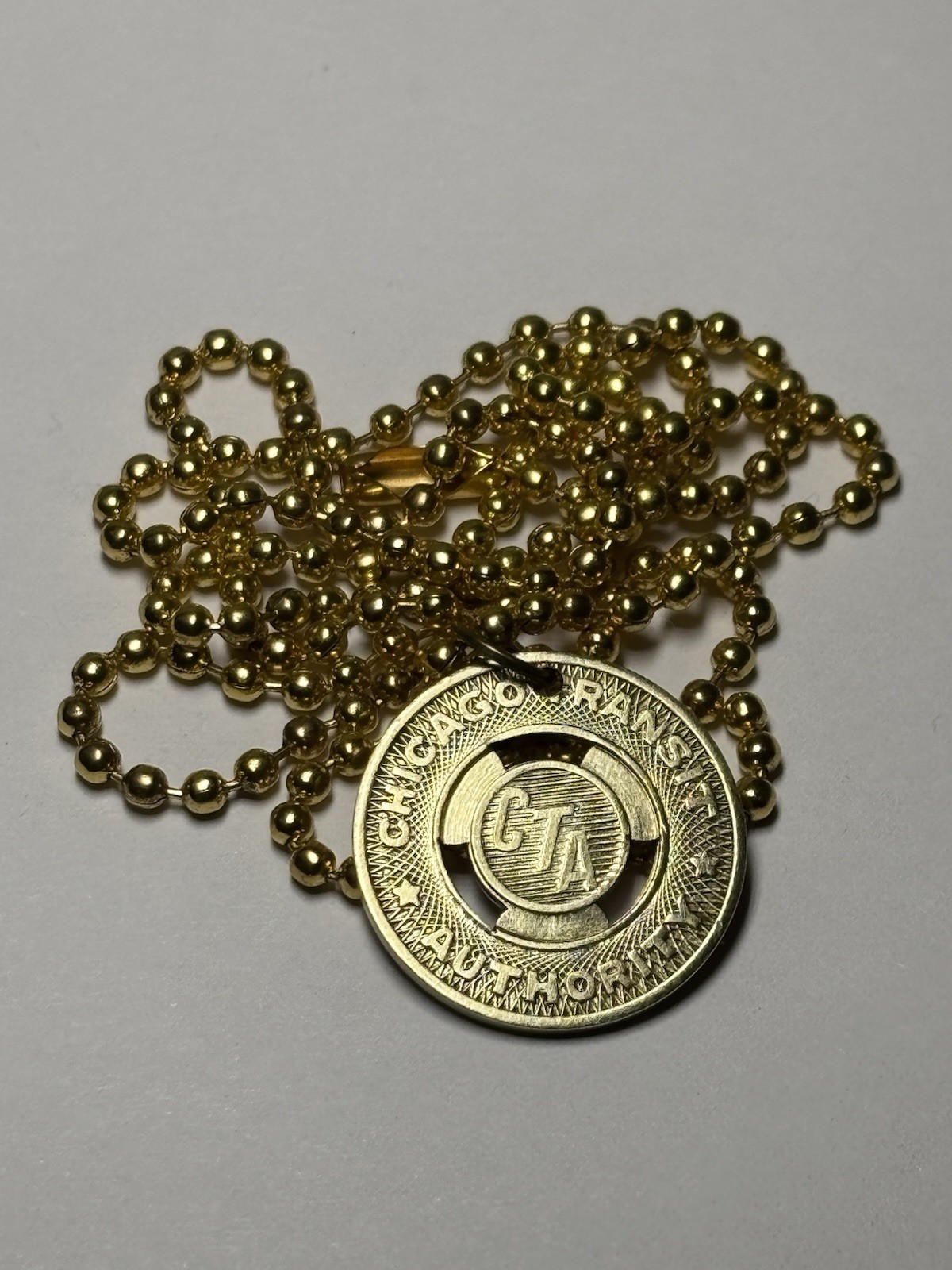 Vintage Chicago CTA Transit Token Necklace Gold Tone Ball Chain. Wear History!