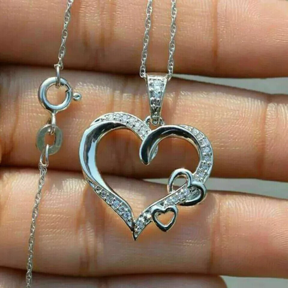 1Ct Round Cut Simulated Diamond Triple Heart Shape Pendant 14K White Gold Plated