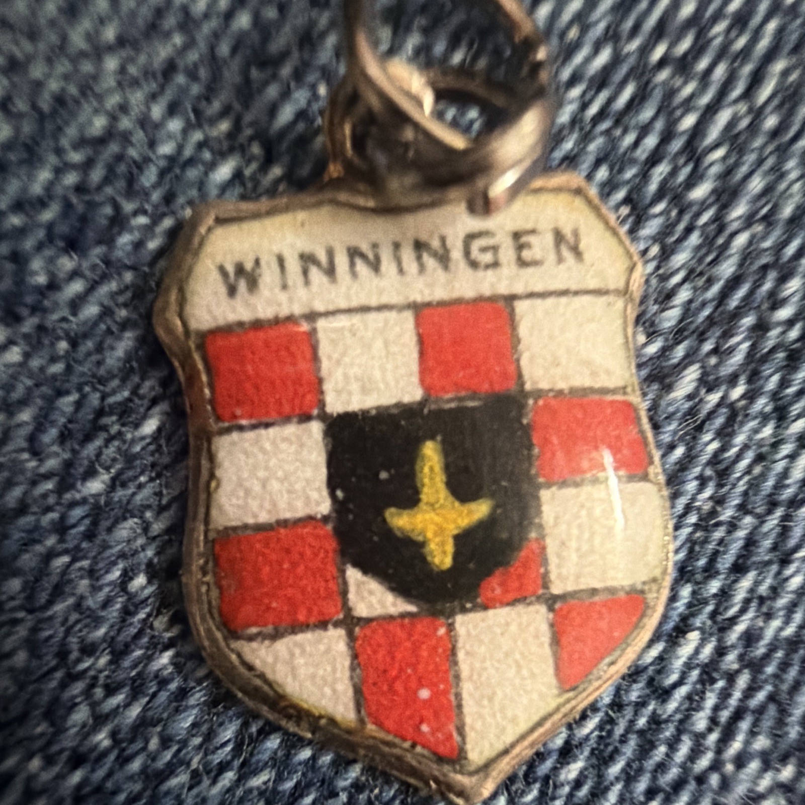 800 Silver Enamel Winningen Shield Dangle Charm Heraldry Signed Spring Ring