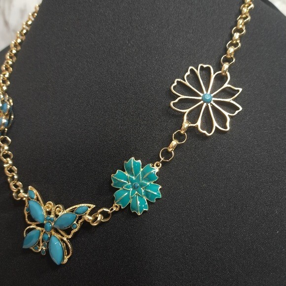 Women’s Necklace Gold Tone Turquoise Butterfly & Flower Designs 11.5 in + 3 in