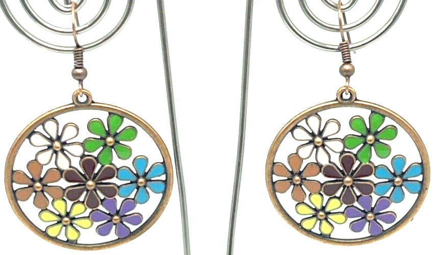 Earrings. Boho Copper Tone Circle with Mullti-Color Flowers. Hook. Drop 2″