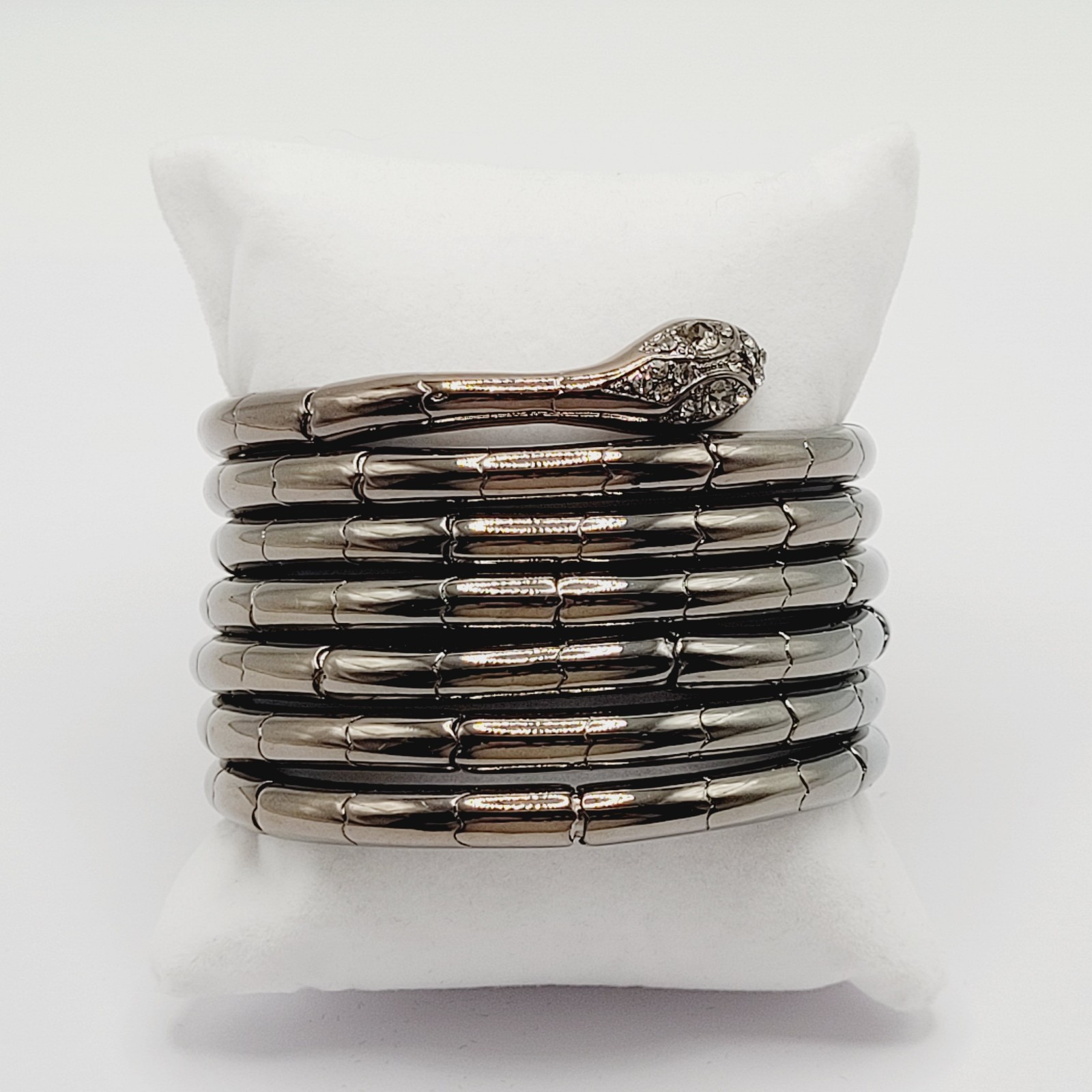 Snake Rhinestone Eyes Wide 7 Band Wrap Dark Shiny Gunmetal Tone Modern Bracelet