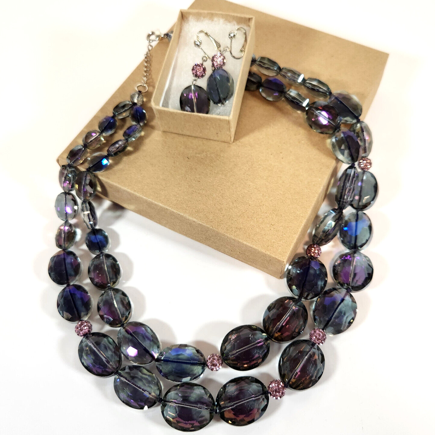 Beaded Necklace Clip Earrings Purple Blue Pink Iridescent Smoky Special Occasion