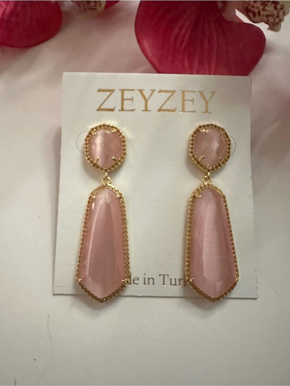 Pink Gold-Tone Long Double Drop Stone Stud Earrings Made in Turkey NWT