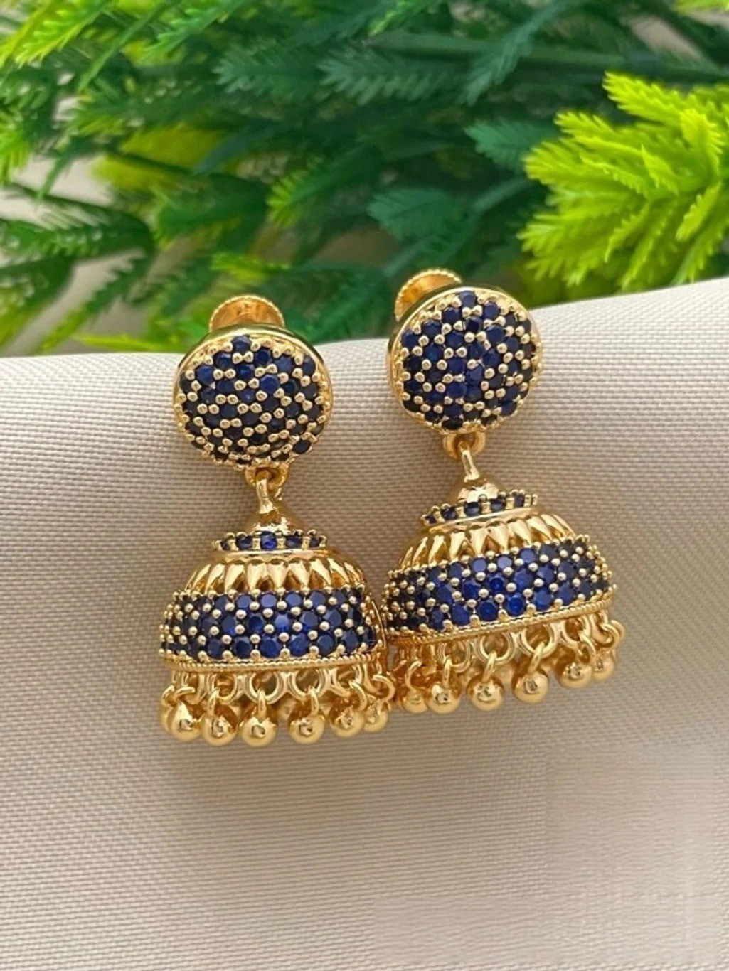 Gold Covering Jhumki Earrings with Blue Stone, Brass Base, Wedding Occasion